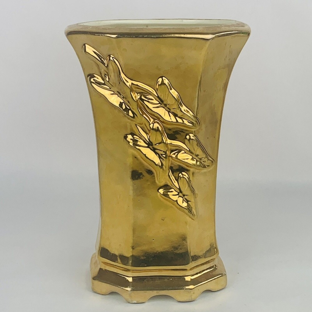 Vintage Gold Glaze Vase MCM Decor Ivy Leaf Flowers Wedding Holiday Metallic
